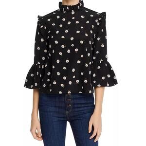 Alice and Olivia Henrietta Ruffle Blouse Top In Tossed Daisy Black size XS